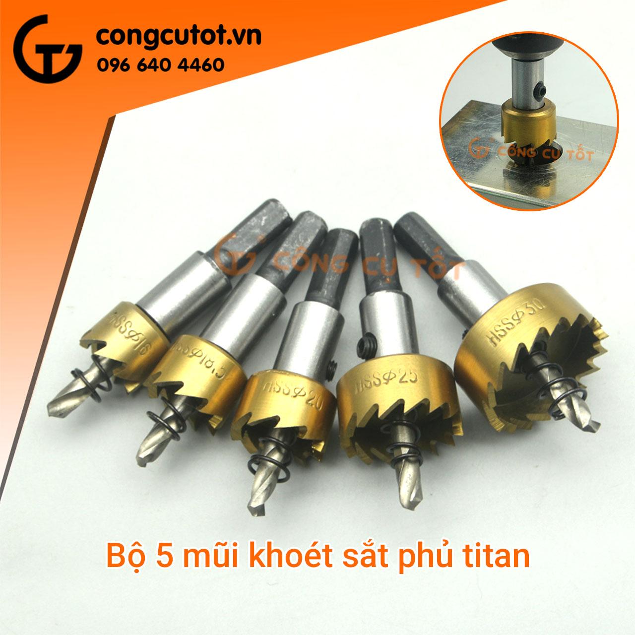 Bộ 5 mũi khoét lỗ sắt phủ titan 16-30mm