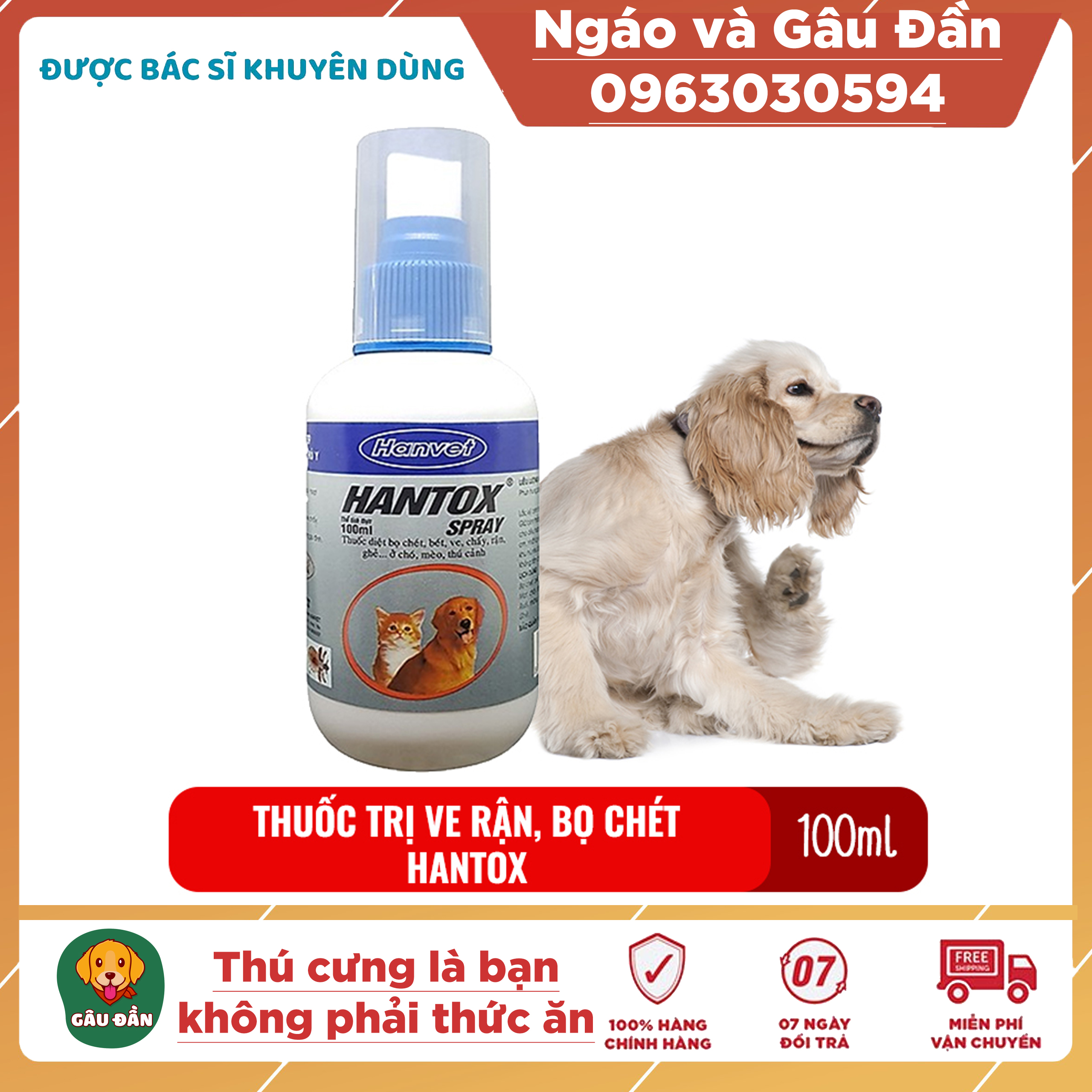 Chai xịt ngoài da diệt ve rận bọ chét ký sinh trùng cho chó mèo Hantox 100ml thuốc trị ve cho chó Others Ngáo và Gâu Đần