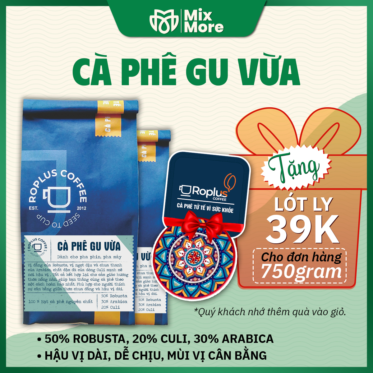 Cà phê Gu Vừa Roplus Coffee nguyên chất rang mộc, pha phin, pha máy
