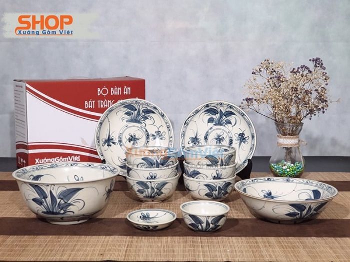 Bộ bát đĩa vẽ chuồn khoai cổ truyền combo 12 món bày trí bàn ăn gia đình đẹp mắt-sang trọng, hàng cao cấp Bát Tràng- XGV
