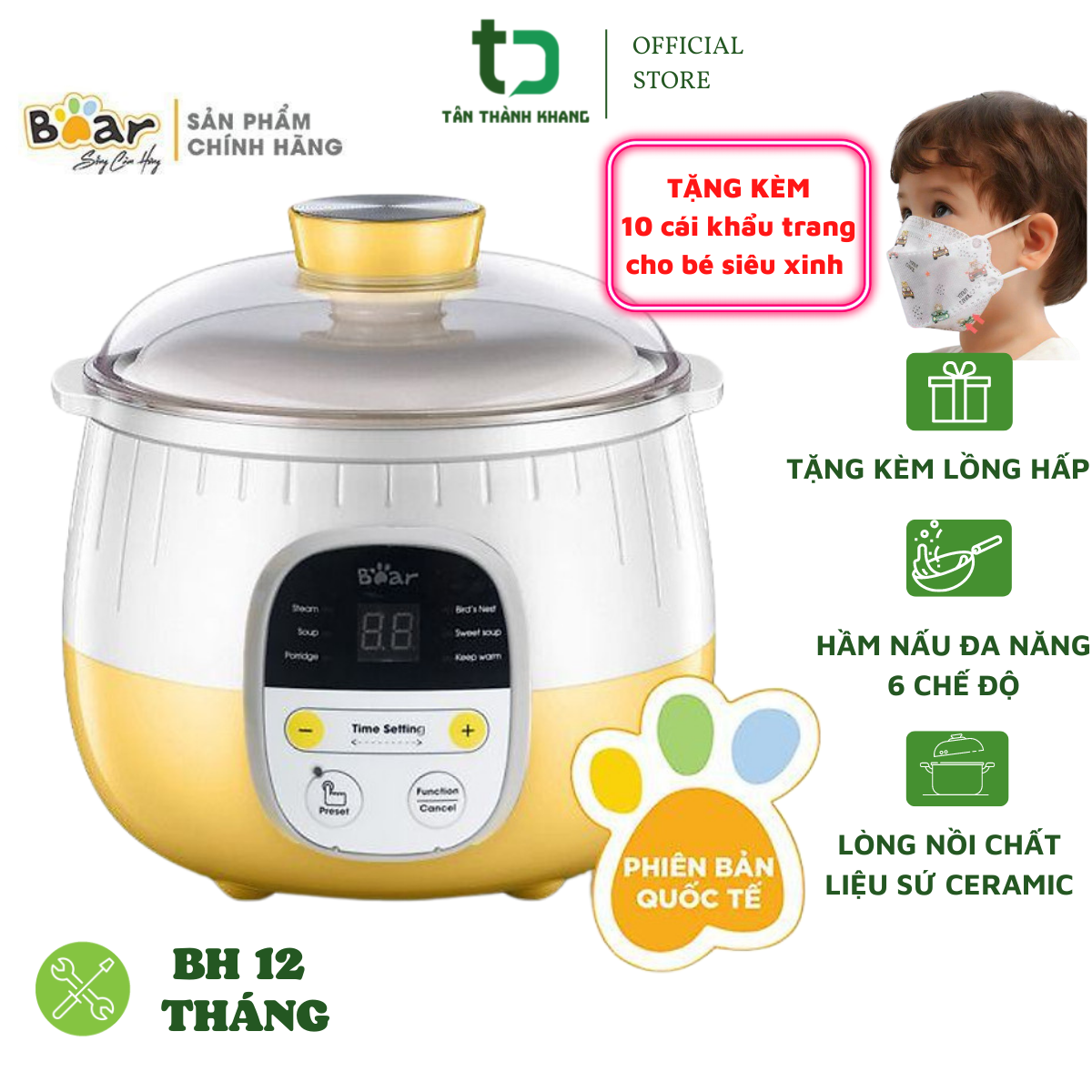 BH 12T_Có sẵn HCM Nồi Hầm Lẩu Cháo - Ninh Nấu Cháo - Chưng Yến - Tiềm Cách Thủy CHÍNH HÃNG BEAR -0.8L - Hẹn Giờ Giữ Ấm 8h
