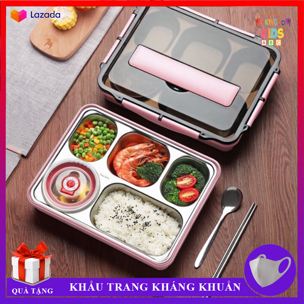 Khay Đựng Cơm 5 Ngăn Inox 304 - Khay Có Nắp Nhựa PP Cùng Các Khớp Khóa Giữ Nhiệt Chống Tràn Tuyệt Đối