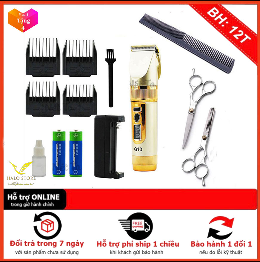 Tăng Đơ Cắt Tóc Chuyên Nghiệp G10 CÓ ĐÈN LED BÁO PIN - Máy Cắt Tóc Có 2 Chế Độ TuBo Máy Cực Trâu TẶNG Lược + Bộ Kéo Cắt Tóc