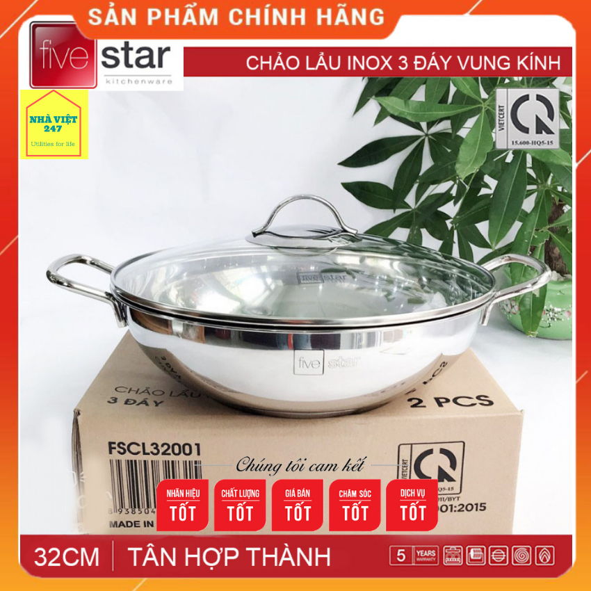 [ FreeShip] Chảo Lẩu Xào Sâu Lòng 32-28-26cm- 3 Đáy -Inox 430 -Fivestar- Đáy Từ- Lắp Kính - Bảo Hành 5 Năm