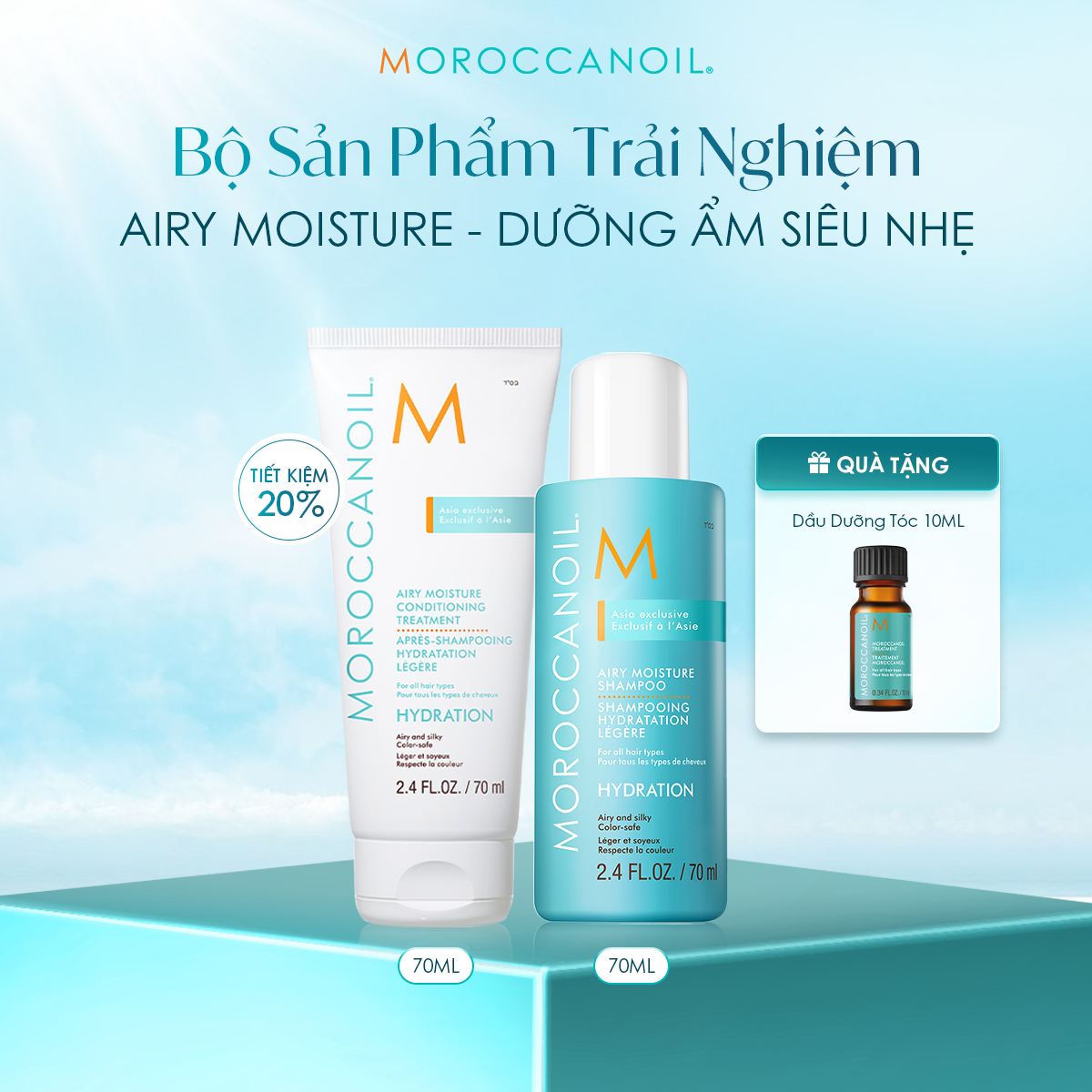 [ƯU ĐÃI ĐỘC QUYỀN] Bộ Sản Phẩm Trải Nghiệm Moroccanoil® Airy Moisture | Dầu Gội & Dầu Xả Dưỡng Ẩm Siêu Nhẹ 70ml