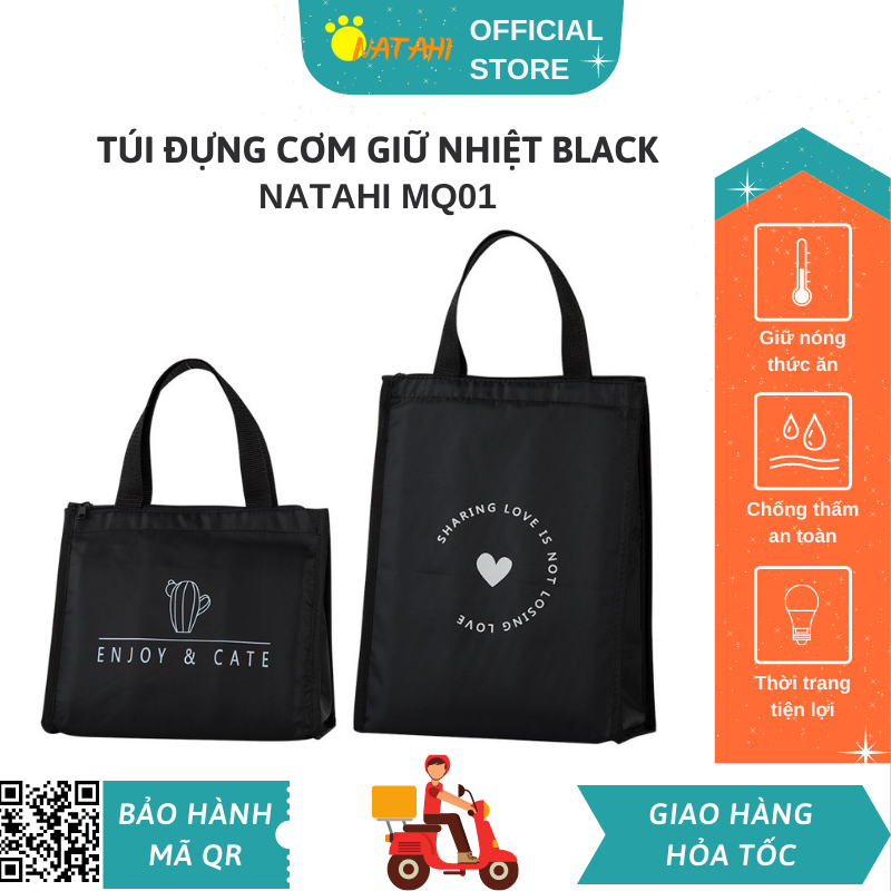 Túi đựng cơm giữ nhiệt văn phòng Black NATAHI MQ01 vải Oxford, đựng đồ ăn, thực phẩm, chống thấm, làm quà tặng