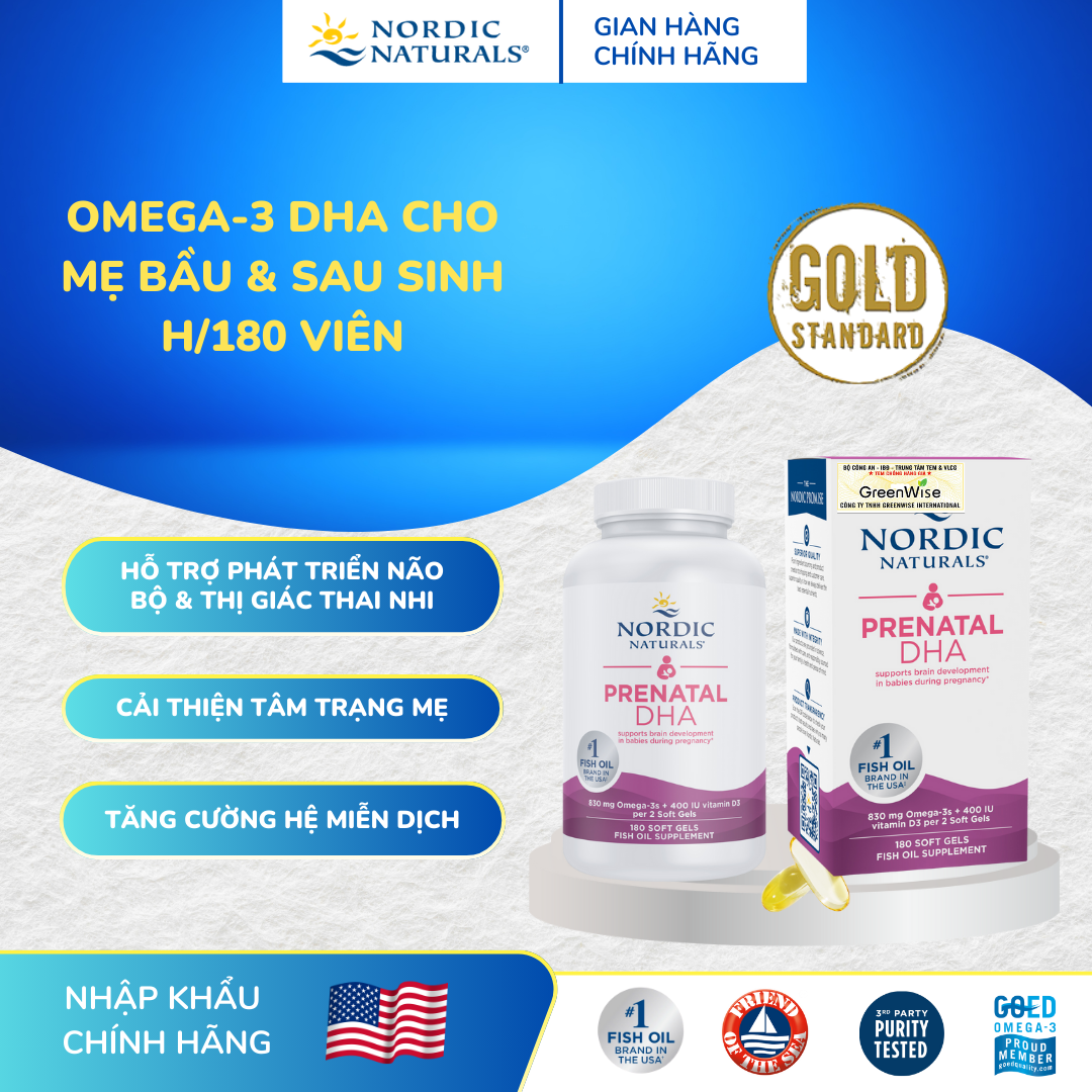  DHA bầu Nordic Naturals Prenatal DHA lọ 180 viên nang mềm hỗ trợ thai kỳ phát triển não bộ thai nhi tăng cường miễn dịch & ổn định tâm trạng mẹ 