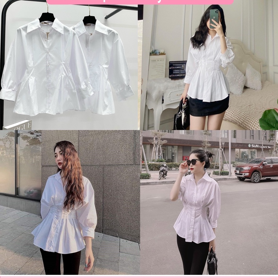 Áo sơ mi trắng nữ nhún eo dáng xòe áo sơ mi nữ công sở LD544