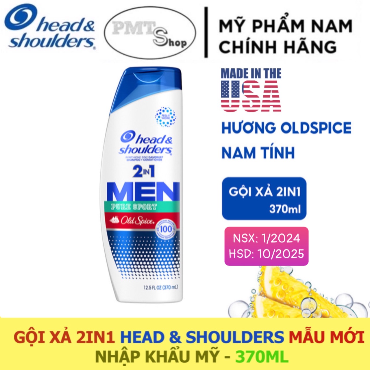 (NK Mỹ) Dầu gội xả 2in1 Head & Shoulders men Old Spice Pure Sport 370ml Made in USA