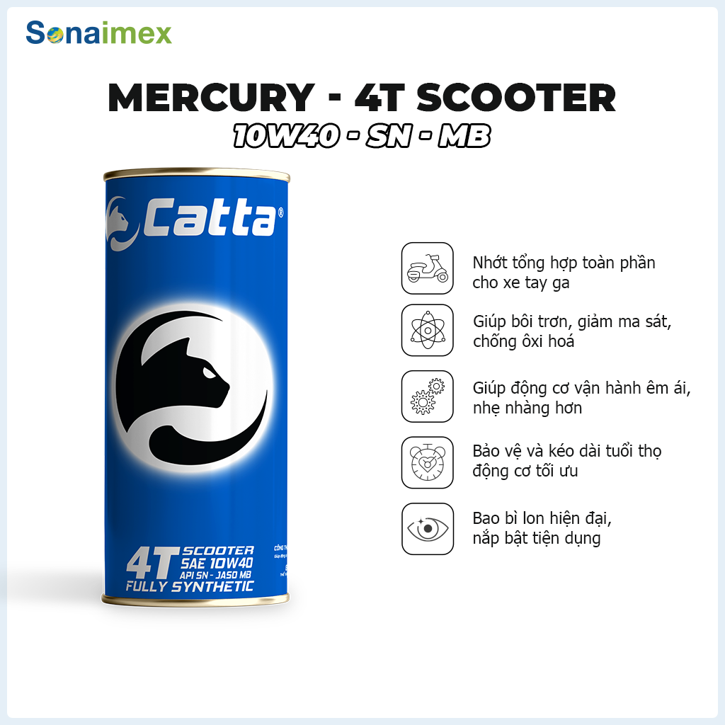 Nhớt Tổng hợp toàn phần cho xe tay ga Catta Mercury 4T Scooter SAE 10W40