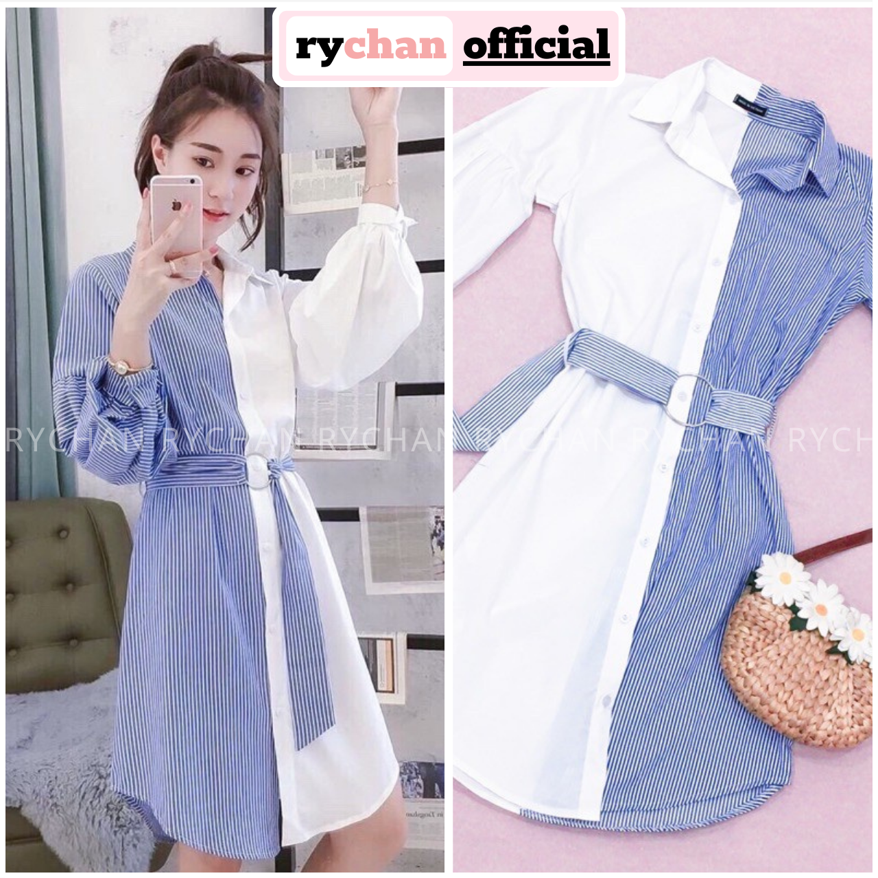 Ds643 - đầm suông phối sọc kèm belt