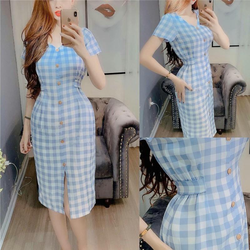Đầm sọc caro bó eo thắt nơ sugar