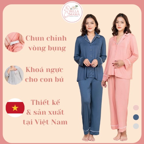 Bộ Bầu Pyjamas Mặc Nhà 100% Cotton, Đồ Bầu Sau Sinh Mở Cúc Cho Con Bú và Quần Chun Chỉnh Bụng, Dài Tay Bella Mama