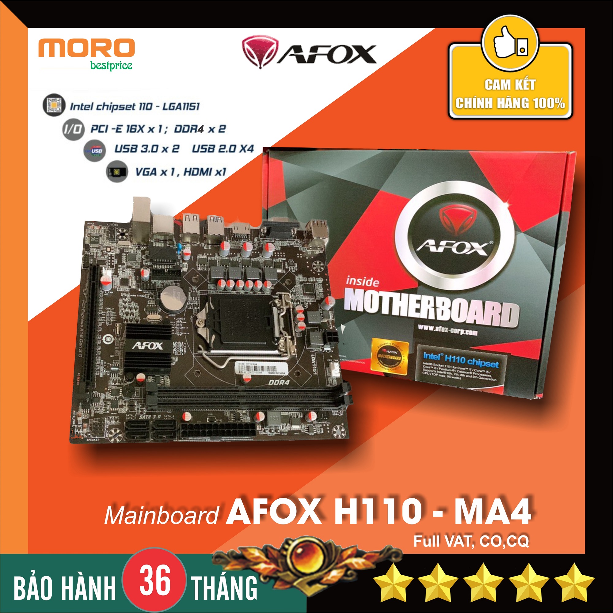 Bo mạch chủ - mainboard afox h110 - hàng chính hãng - bảo hành 36 tháng!
