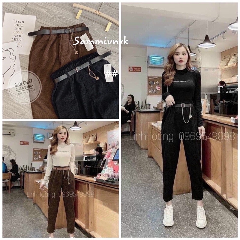 Quần baggy nhung tăm kèm đai xích dáng dài????