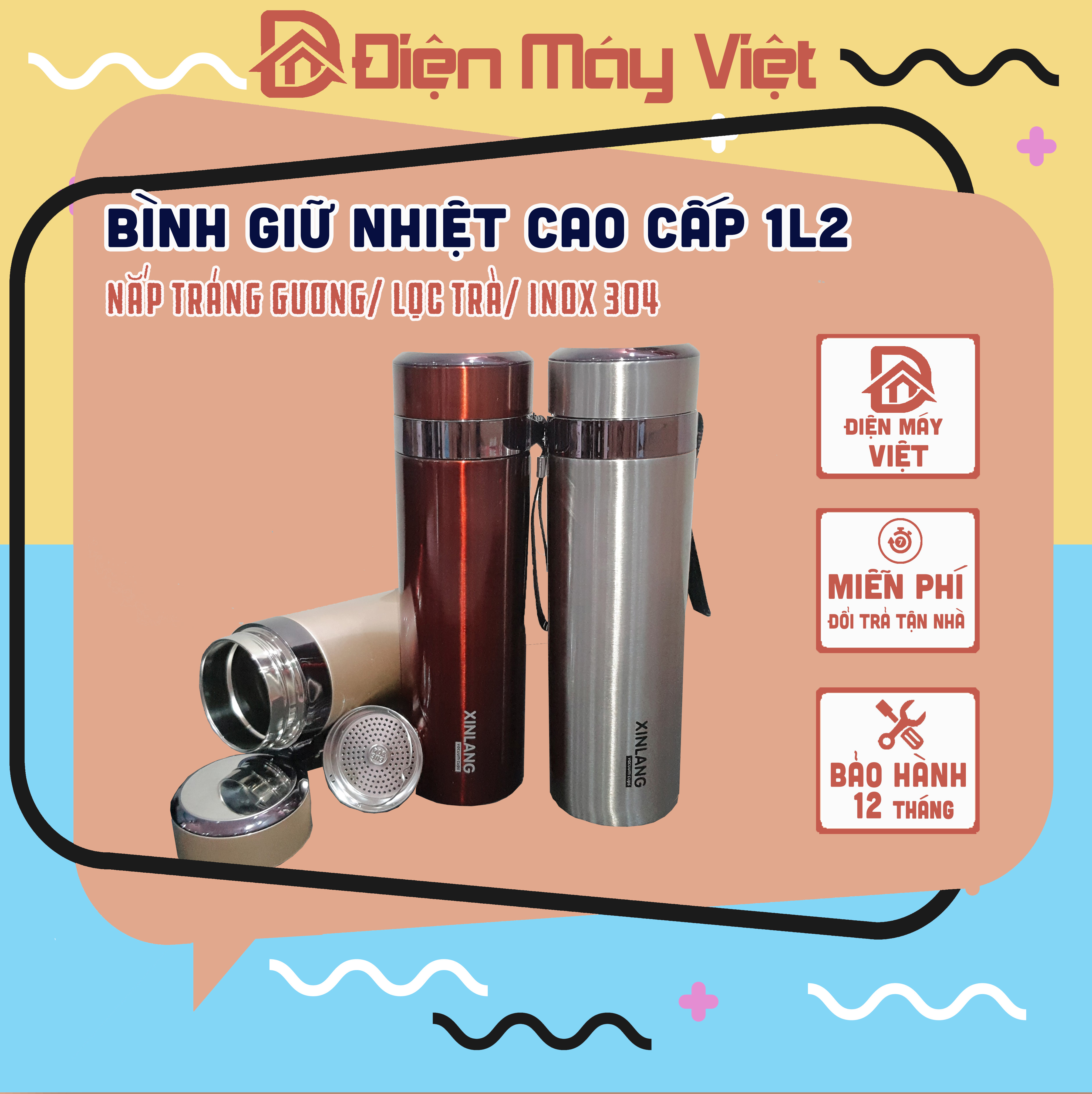 Bình giữ nhiệt cao cấp XINLANG inox 304 thể tích 1200ml Có lưới inox chắn đá