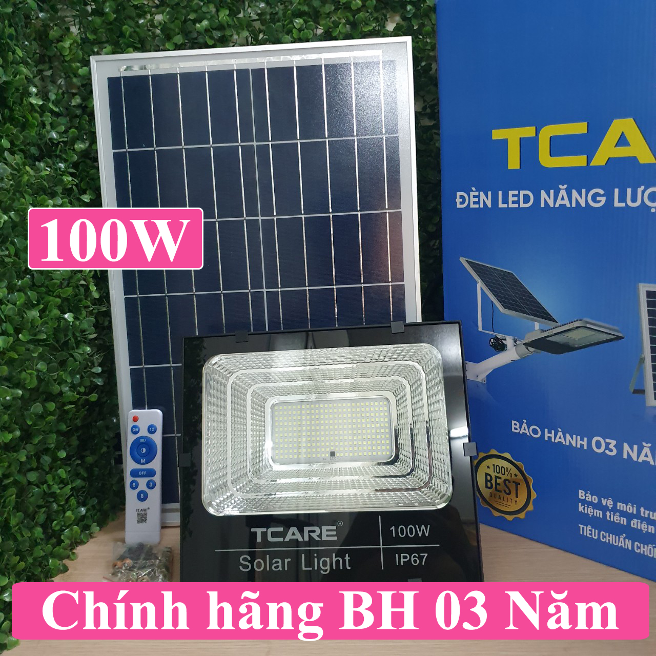 Đèn pha Led Năng lượng mặt trời 100W, đèn Led, đèn ngoài trời Tcare Bảo hành 03 Năm