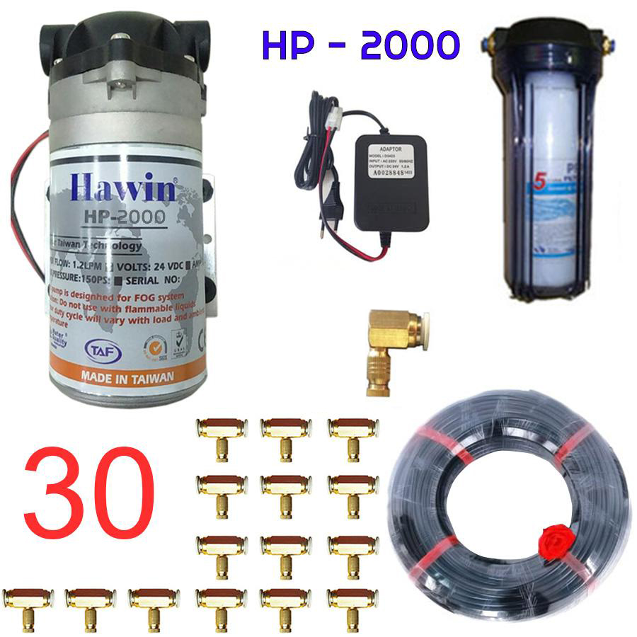 Bộ phun sương 30 đầu béc phun - bơm hawin hp 2000 cốc lọc rác 50m dây