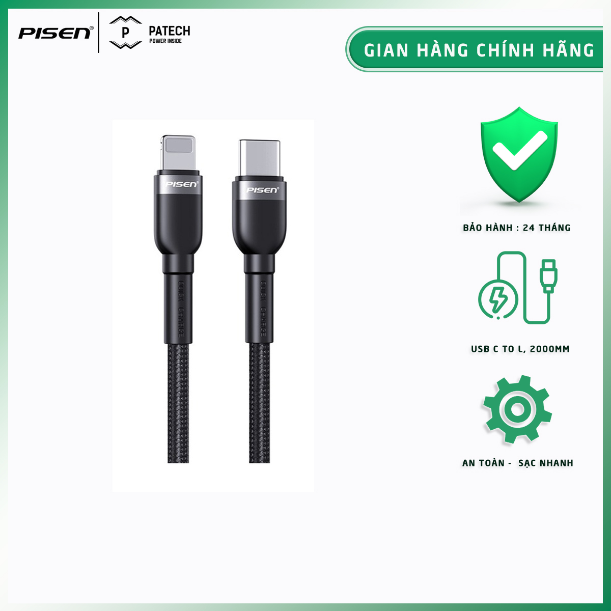 Cáp sạc nhanh cao cấp PISEN PD 20W Type-C to Lightning 3A Braided 1000mm Tương Thích Đặc Biệt Với Ip12 bảo hành 24 tháng - Hàng chính hãng
