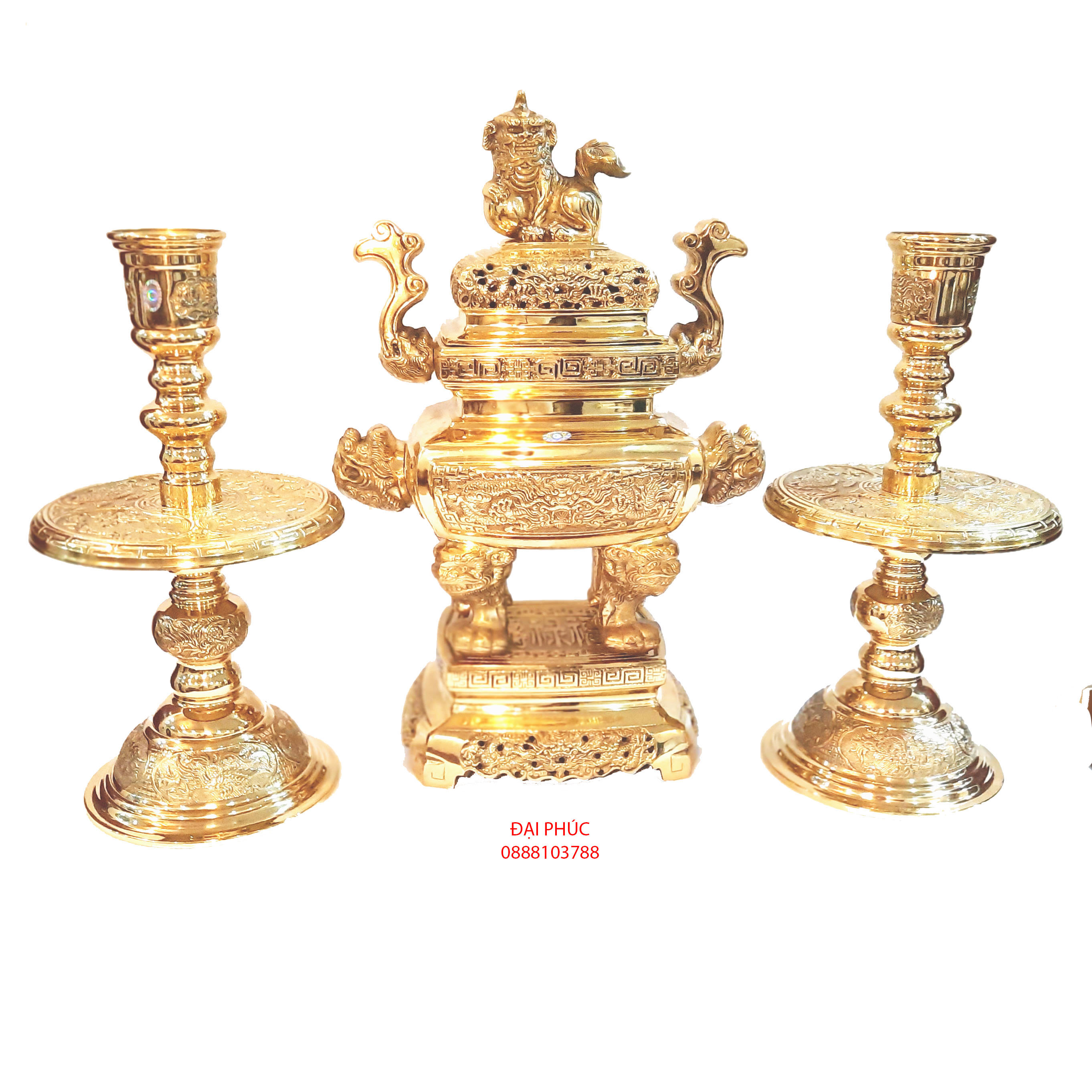 Đồ thờ bộ đồ thờ Tam sự Đức Thúy Đỉnh Vuông bằng đồng số 3 cao 48 cm