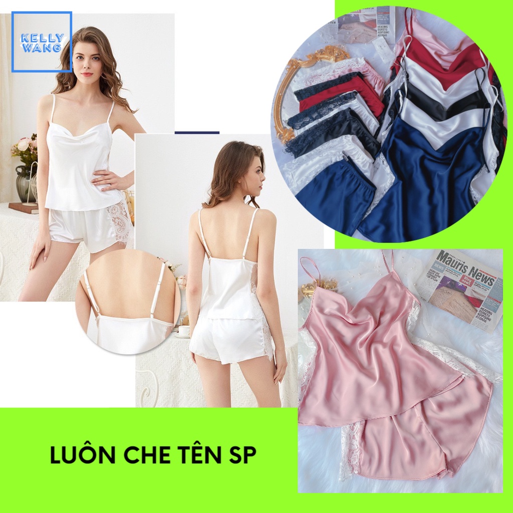 Bộ đồ ngủ lụa hai dây phối ren xịn satin cao cấp - KELLYWANG
