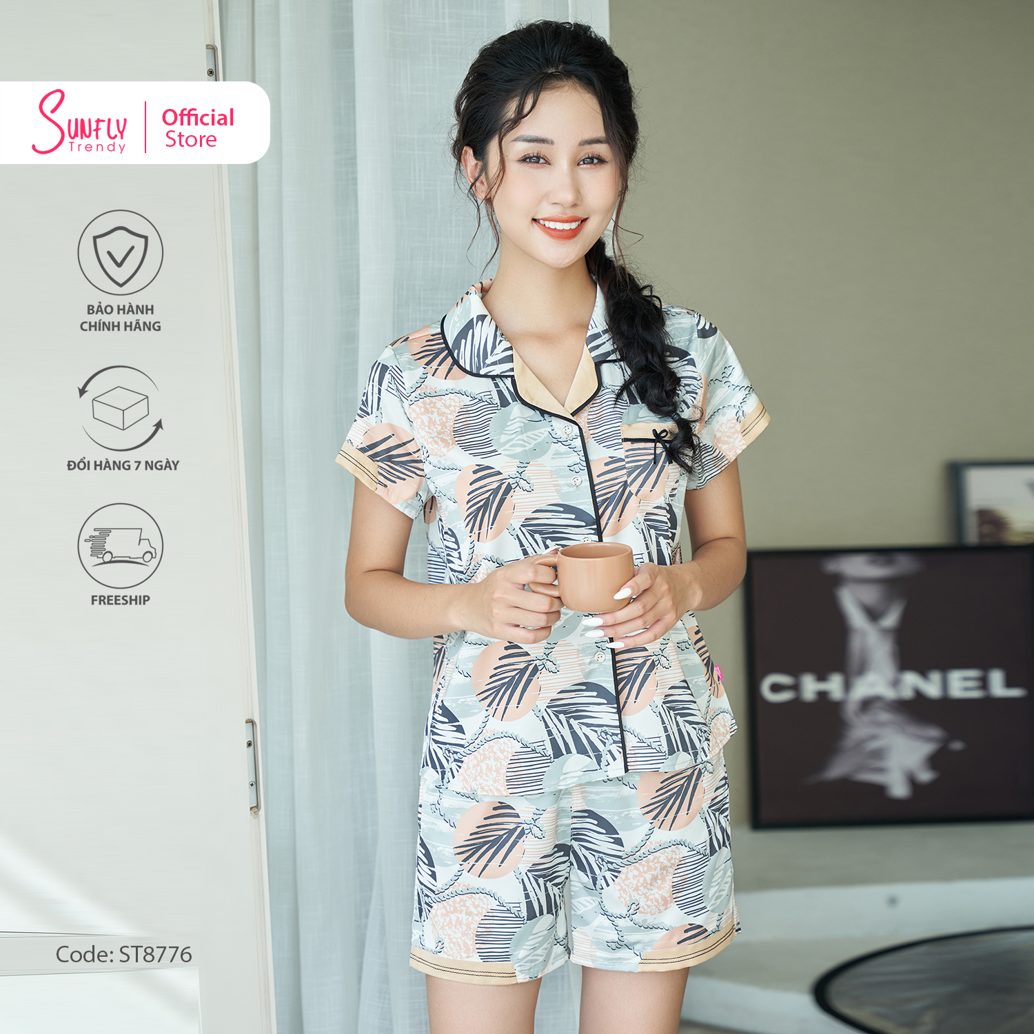 Bộ đồ mặc nhà nữ pyjamas lụa sunfly áo cộc quần sooc st8776