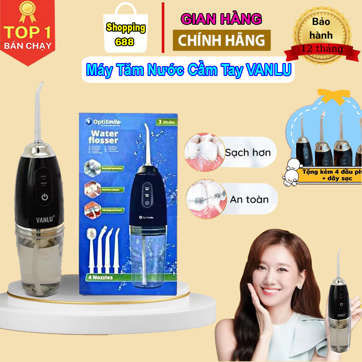 Máy tăm nước cầm tay optismile vanlu - máy tăm nước vệ sinh răng miệng cao cấp, mẫu tăm nước vệ sinh răng miệng cực sạch được nha sĩ khuyên dùng, tặng kèm 4 đầu phun, máy tăm nước, máy tăm nước giá rẻ, hàng chính hãng