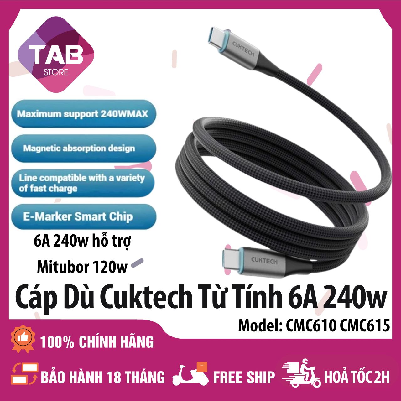 Cáp Dù Cuktech Hít Từ Tính C To C 6A 240w Hỗ Trợ Mi Turbro CMC610 - Bảo Hành 18 Tháng