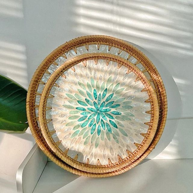 Khay Mây tròn khảm trai thủ công đường kính 30cm, 35cm, - Khay khảm trai - Khay trà mây dùng trang trí nhà cửa, quán cà phê, khay trà ,khay bánh - Khay mây trang trí đồ - rattan tray - bambootray