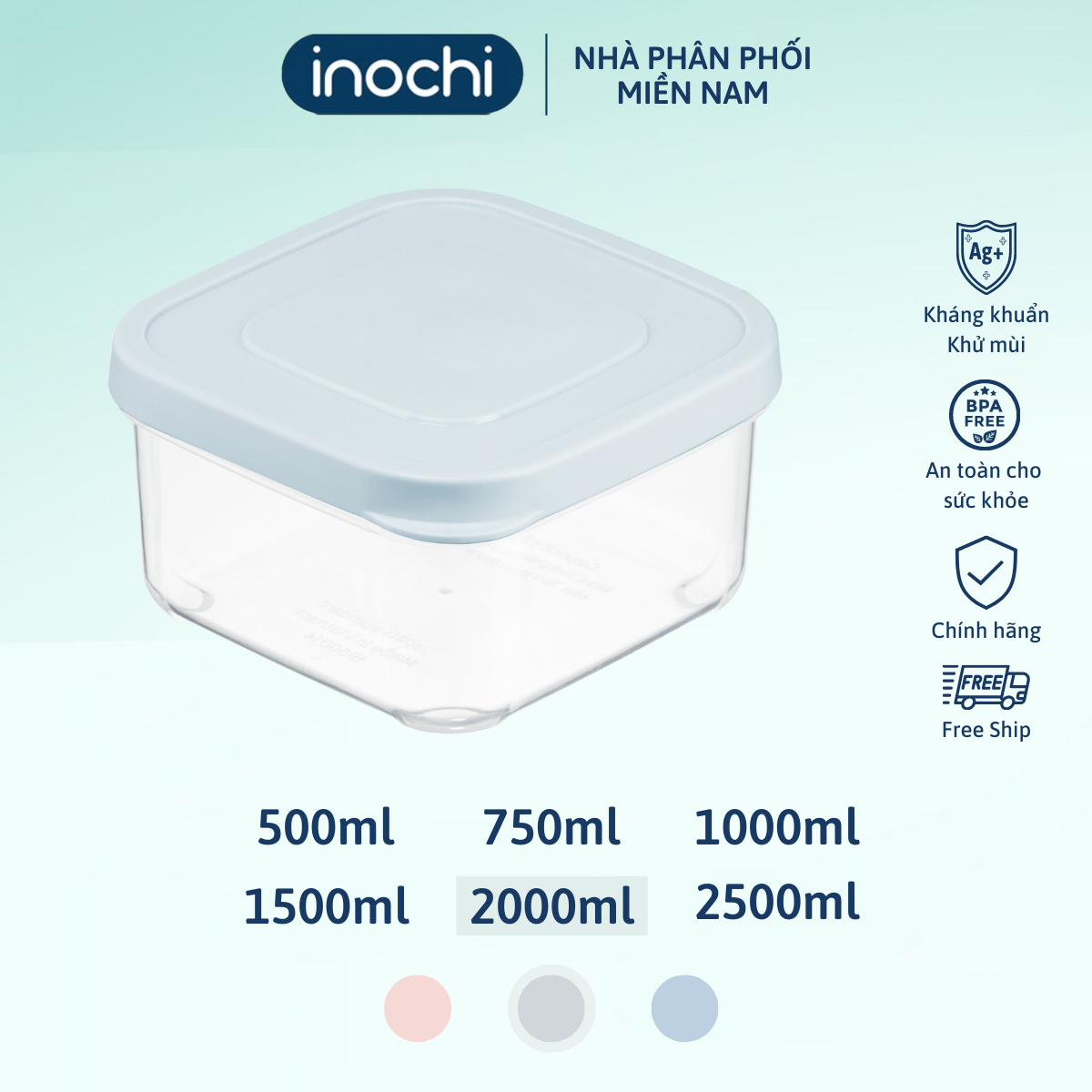 Hộp thực phẩm VUÔNG inochi 2000ml - Giao màu ngẫu nhiên