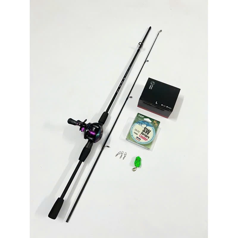 Combo bộ cần câu lure máy ngang Titan Ánh Tím kèm dây + nhái + khóa sale giá rẻ (Bộ sói đen ánh tím)