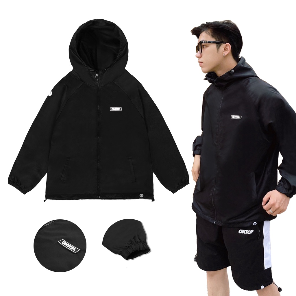 Áo khoác dù local brand nam nữ 2 lớp màu đen, có nón ONTOP Rubber Tag Jacket