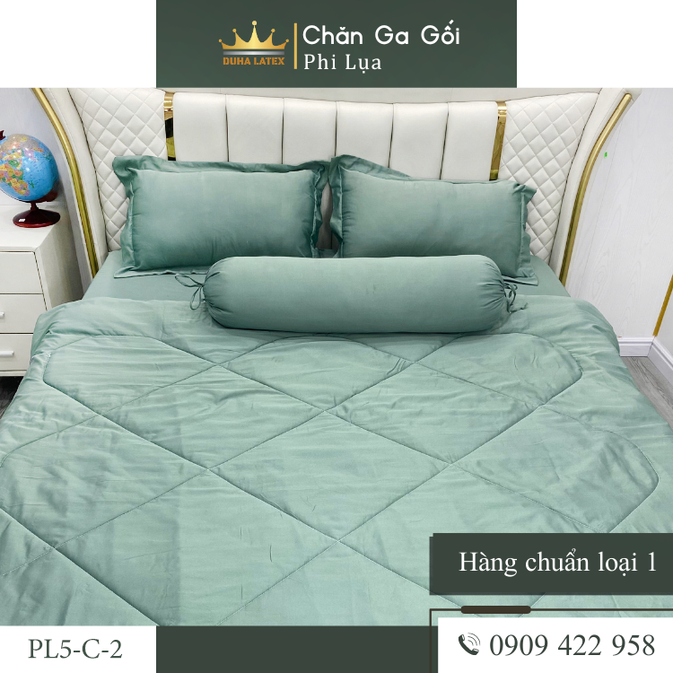 Bộ chăn ga gối phi lụa xanh rêu pl5-c-2 mát mịn 4 món hoặc 5 món kích thước nệm giường đa dạng duha latex11