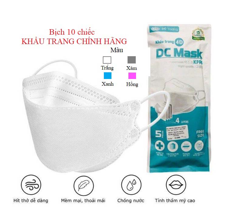 Khẩu trang 4D DC Mask KF94 lọc bụi mịn, kháng khuẩn 4 lớp. Bịch 10 chiếc Khẩu Trang màu TRẮNG  ngăn ngừa khói bụi, vi khuẩn các bệnh lây nhiễm qua đường hô hấp.