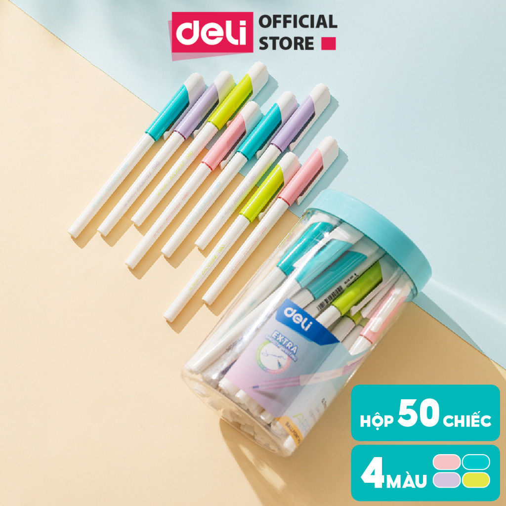 Hộp 50 bút bi mực xanh ngòi 0.7 mm viết trơn, mực đều bút bi bấm -  EQ03236/EQ03336/EQ02836