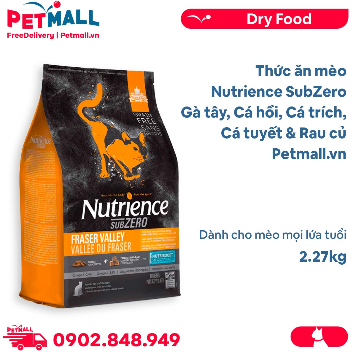 Thức ăn mèo Nutrience SubZero 2.27kg - Gà tây, cá hồi, cá trích, cá tuyết và rau củ quả tự nhiên, cho mèo mọi lứa tuổi Petmall