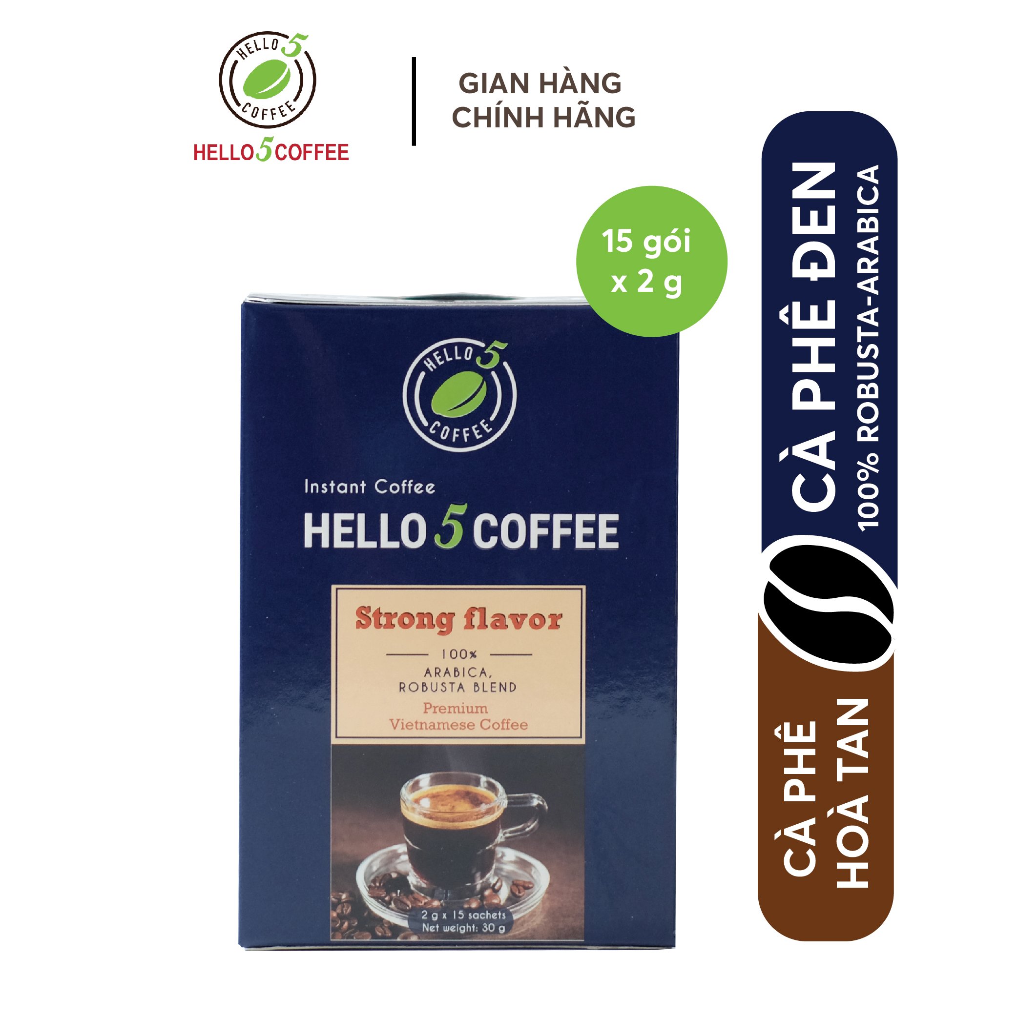 Cà Phê Hòa Tan Đen Nguyên Chất Hello 5 Coffee - Hộp 15 gói x 2g
