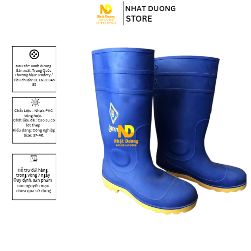 Ủng bảo hộ lao động đế thép mũi thép Usafety, ủng bảo hộ chống đinh, ủng cao su chống dập ngón