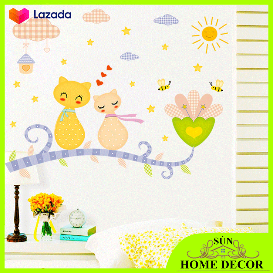 [MẪU MÈO CUTE] Decal dán tường trang trí phòng khách phòng ngủ, trang decor mẫu động vật