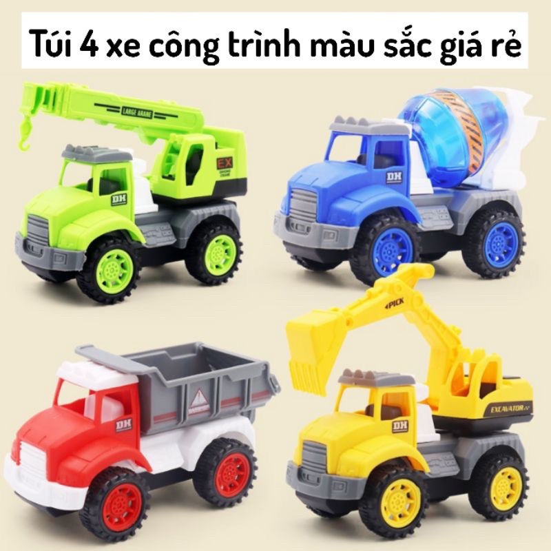 Túi 4 xe ô tô đồ chơi công trình màu sắc