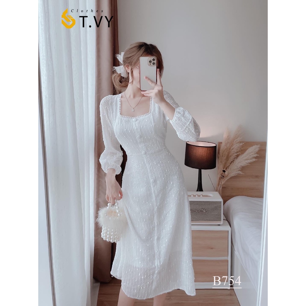 Đầm dự tiệc đầm trắng cổ vuông tay phồng dáng dài lucas dress