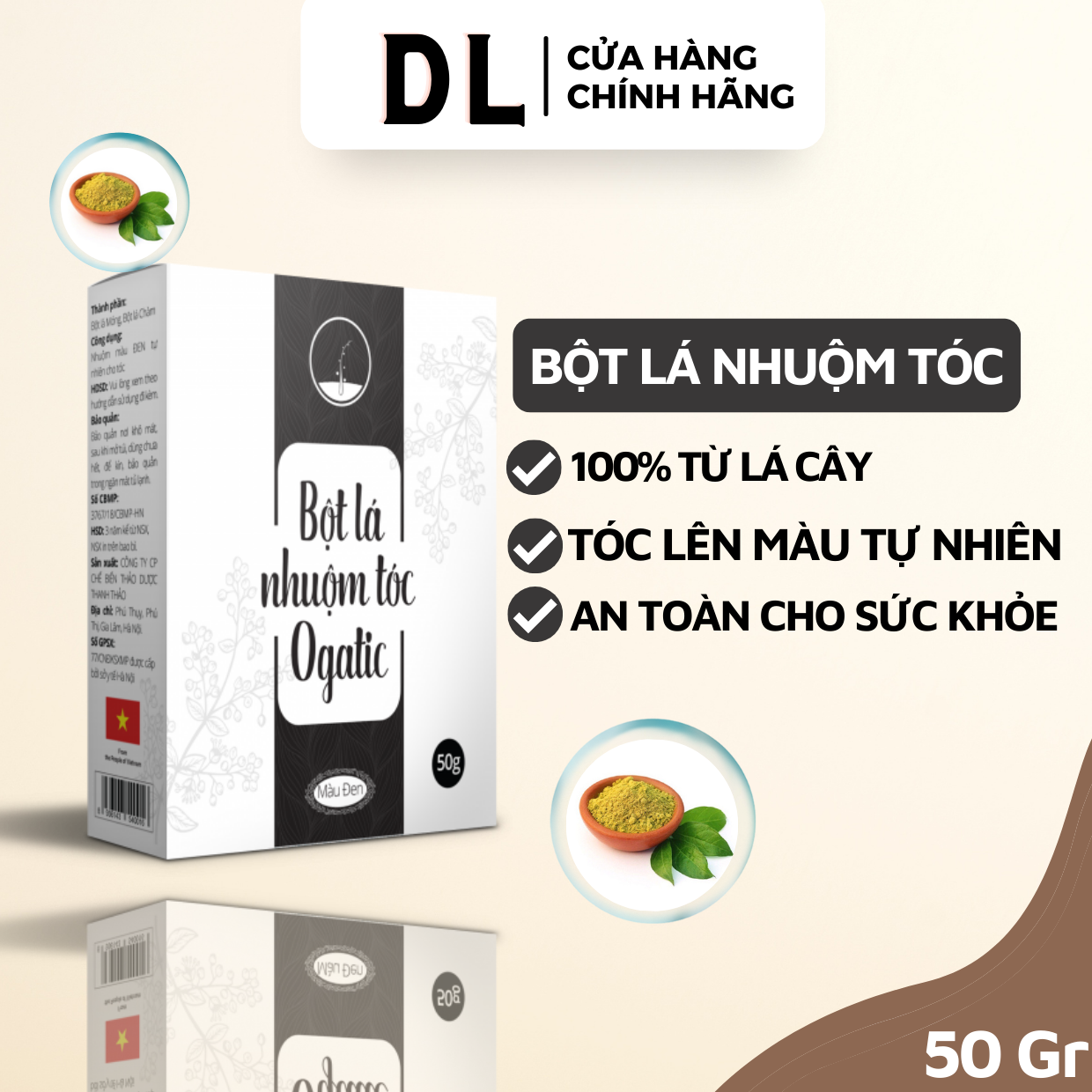 BỘT LÁ NHUỘM TÓC PHỦ BAC TÓC MÀU ĐEN OGATIC- NHUỘM TÓC TỪ LÁ CÂY - 100% Thiên nhiên - không hoá chất- không kích ứng da đầu-50Gr