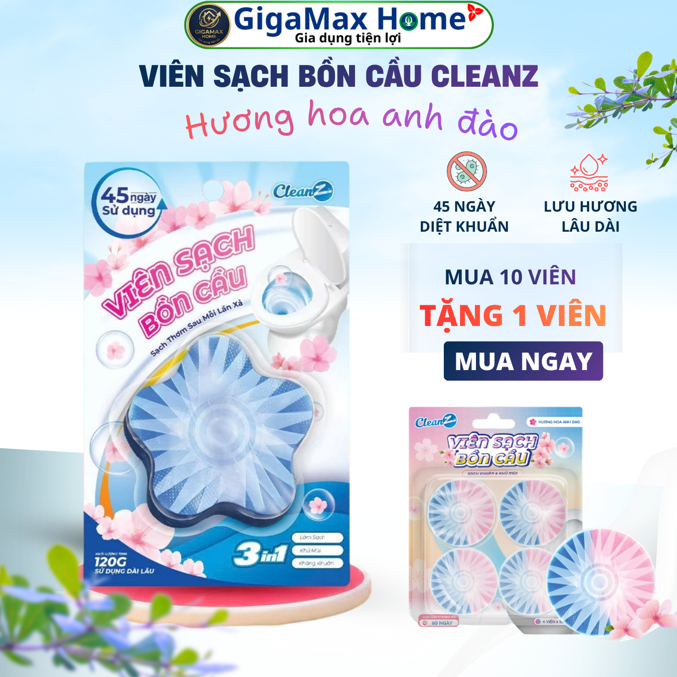 Viên Thả Bồn Cầu CleanZ 50g Phiên Bản Mới – Hương Hoa Anh Đào Thanh Mát, X2 Khử Mùi & Diệt Khuẩn | GigaMax Home