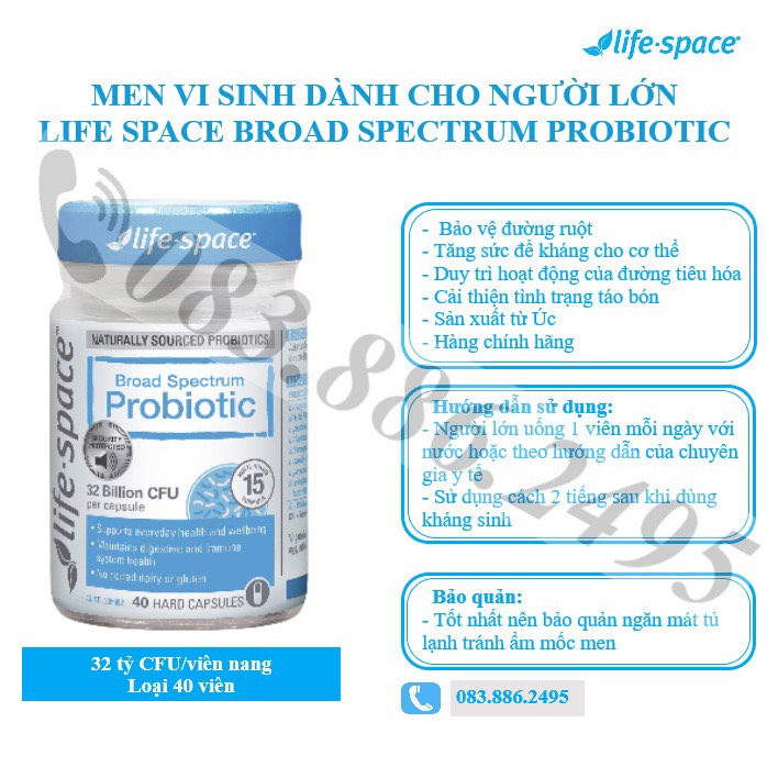 LIFE SPACE BROAD SPECTRUM PROBIOTIC 40 PACK (MEN VI SINH LIFE SPACE DÀNH CHO NGƯỜI LỚN 32 TỶ LỢI KHUẨN, 40 VIÊN)