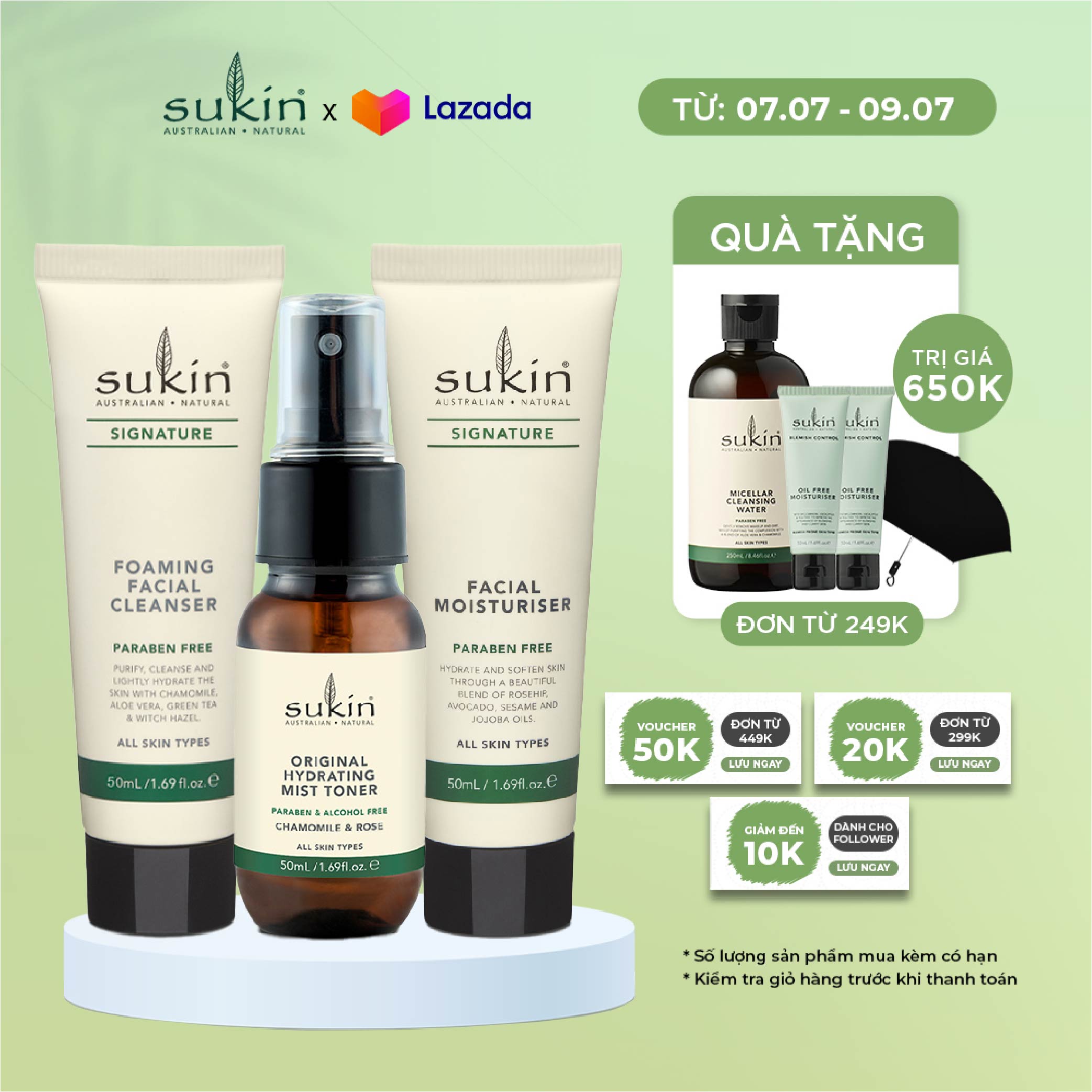 Combo cân bằng toàn diện Sukin (Kem dưỡng ẩm da mặt Signature 50ml + Nước cân bằng 50ml + Sữa rửa mặt Signature 50ml)