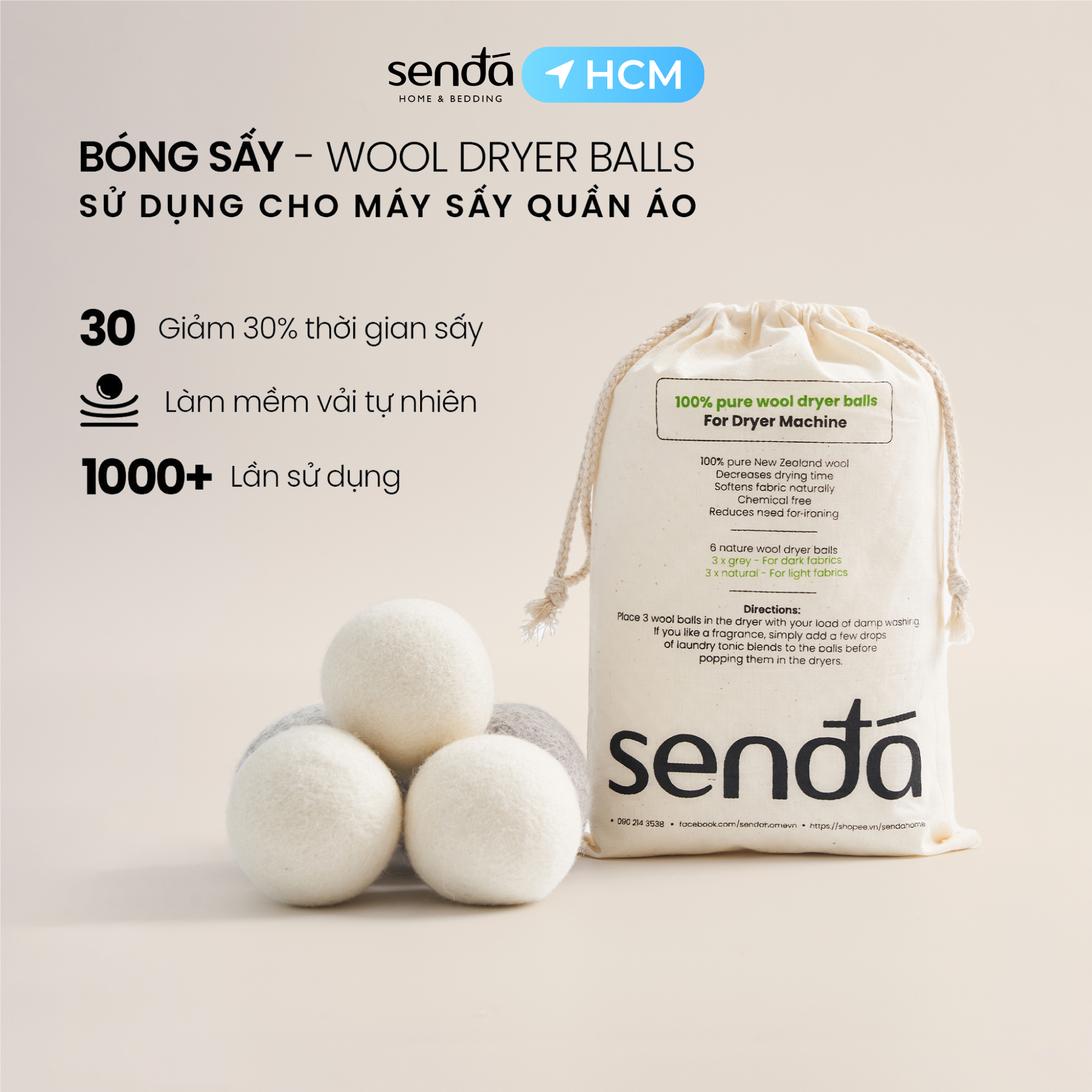 Bóng sấy quần áo len lông cừu Zealand Sen Đá Bedding Wool Dryer Balls 7cm dùng cho máy sấy quần áo