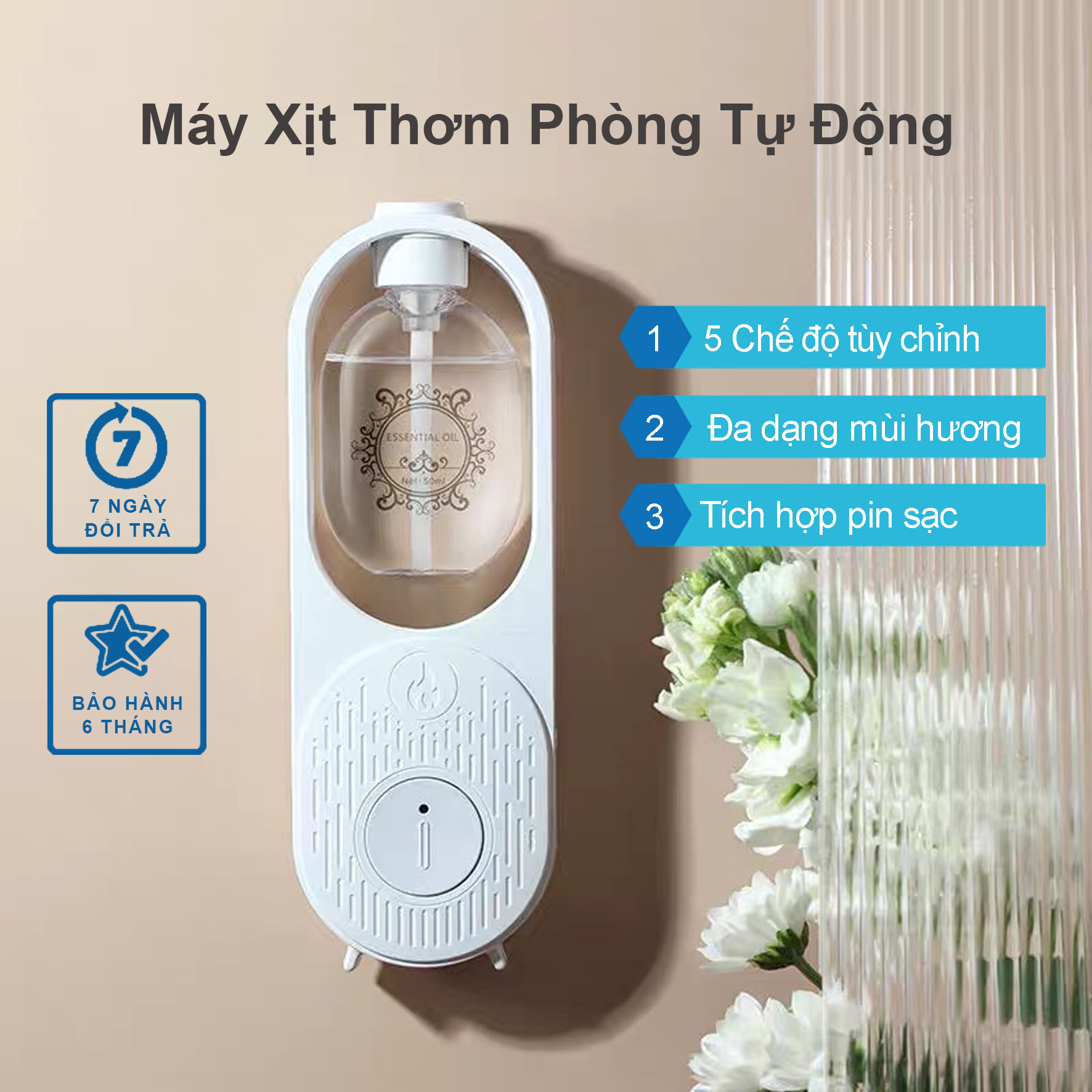 Máy xịt thơm phòng tự động, xịt thơm phòng jd001, nước hoa thơm phòng, 5 mùi hương lựa chọn, pin sạc usb 400mah