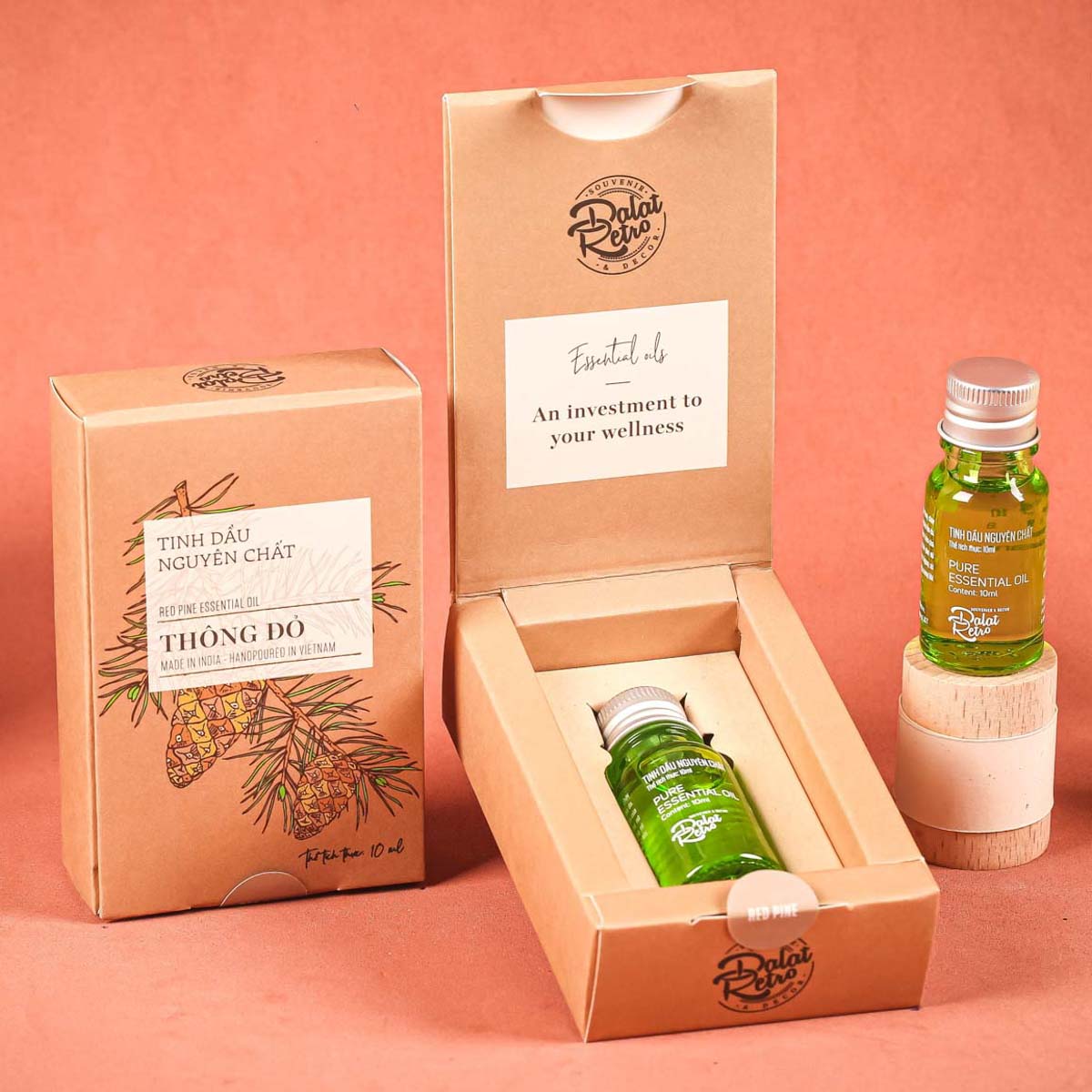 Tinh dầu nguyên chất, thông đỏ red pine, 10ml, hộp, mẫu minimal, Dalat Retro