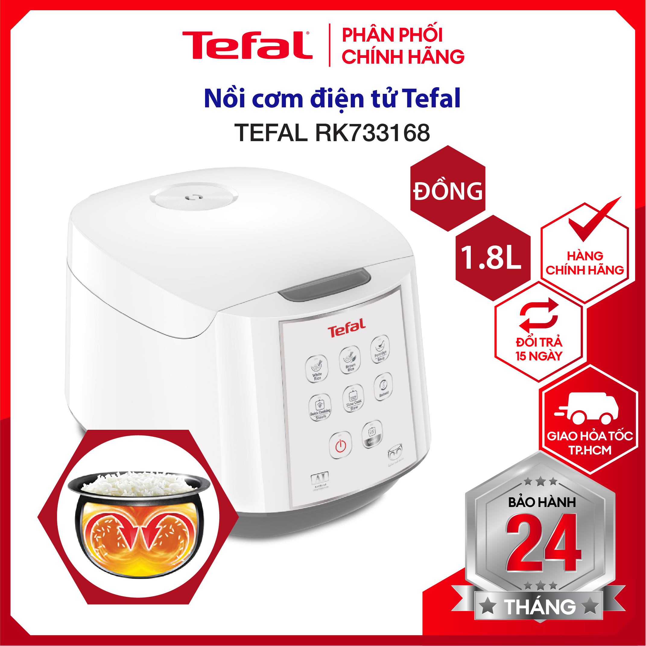 |HỎA TỐC 2H| Nồi cơm điện tử Tefal RK733168 Dung tích 1.8L - Lòng nồi niêu vân đá chống dính, Menu tiếng Việt, 8 chức năng nấu, giữ ấm 12 giờ - Hàng chính hãng, bảo hành 24 Tháng - Giao Hỏa Tốc 2H HCM