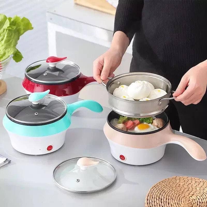 Ca nấu mì nồi lẩu đa năng có lồng hấp bằng inox, nấu mì siêu tốc, chảo điện cầm tay mini đa chức năng size 18cm